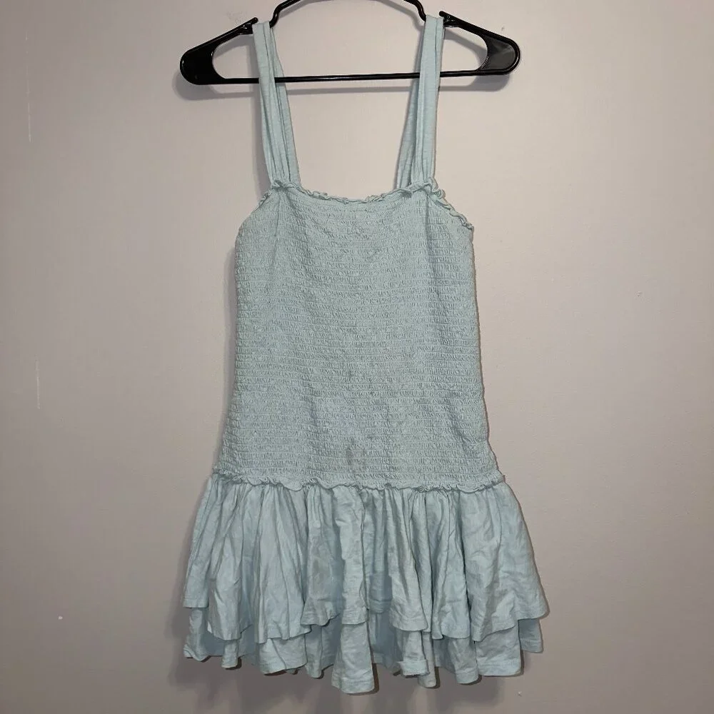 American Eagle Smocked Ruffle Mini Dress Size Small Blue - Picture 2 of 7